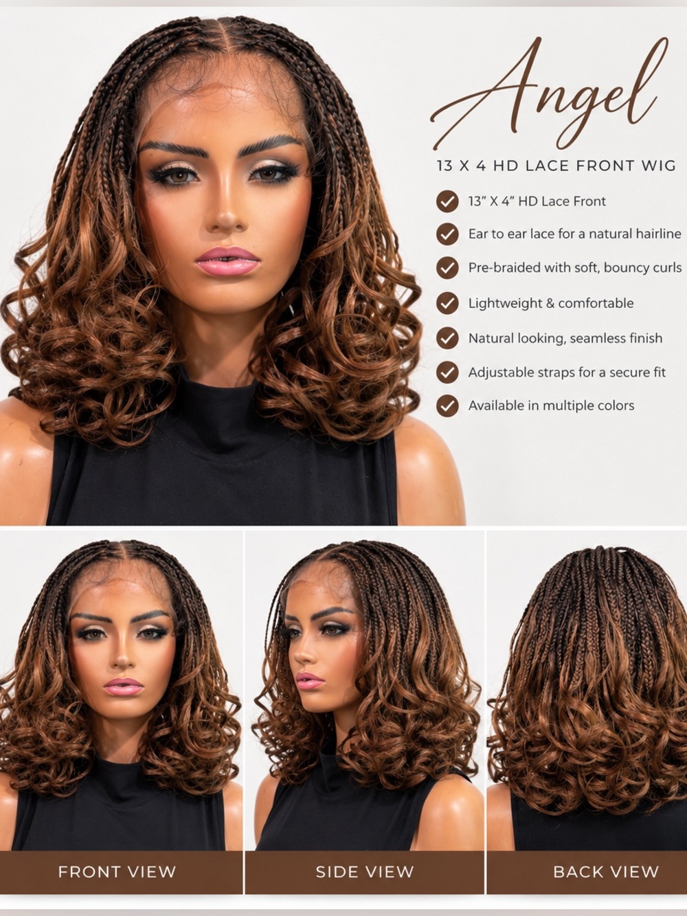 Angel 13x4 HD Lace Front Pre-Braided Curly Bob Wig — Brown Ombre